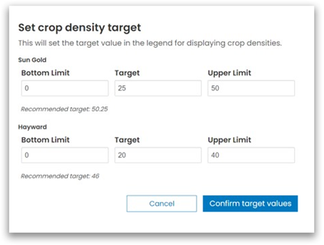Screenshot of the popup that appears where you can set your crop density targets