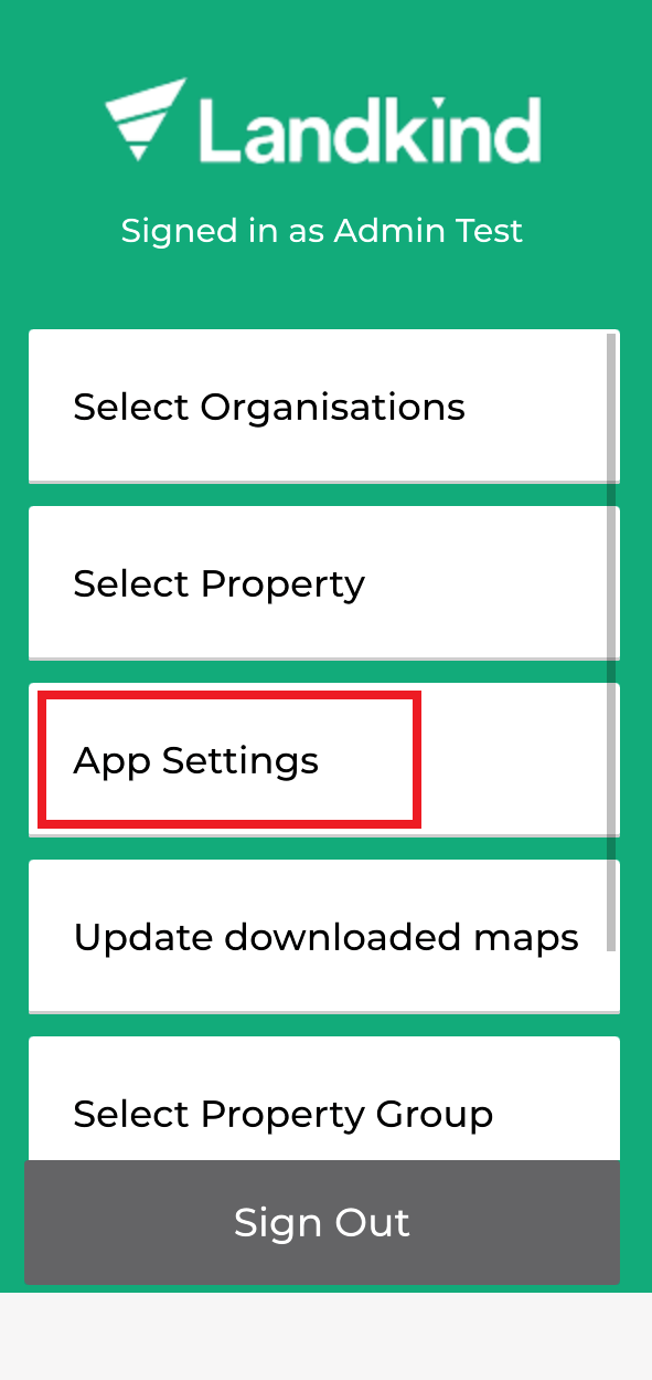 Screenshot of the landkind mobile application showing the settigns menu